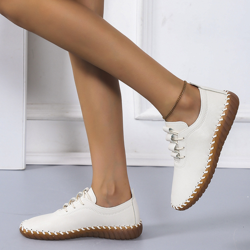 2021 Autumn new Korean-style student casual fashion single shoes, women's round-toed lace-up soft-soled bean shoes, flat shoes details Picture