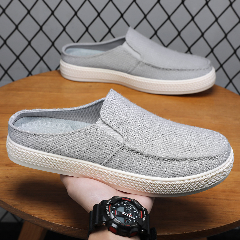 Men's shoes: Old Beijing cloth shoes, cotton and linen casual men's shoes, solid color simple bean shoes, low-top lazy person's headband half-support shoes Specification drawing