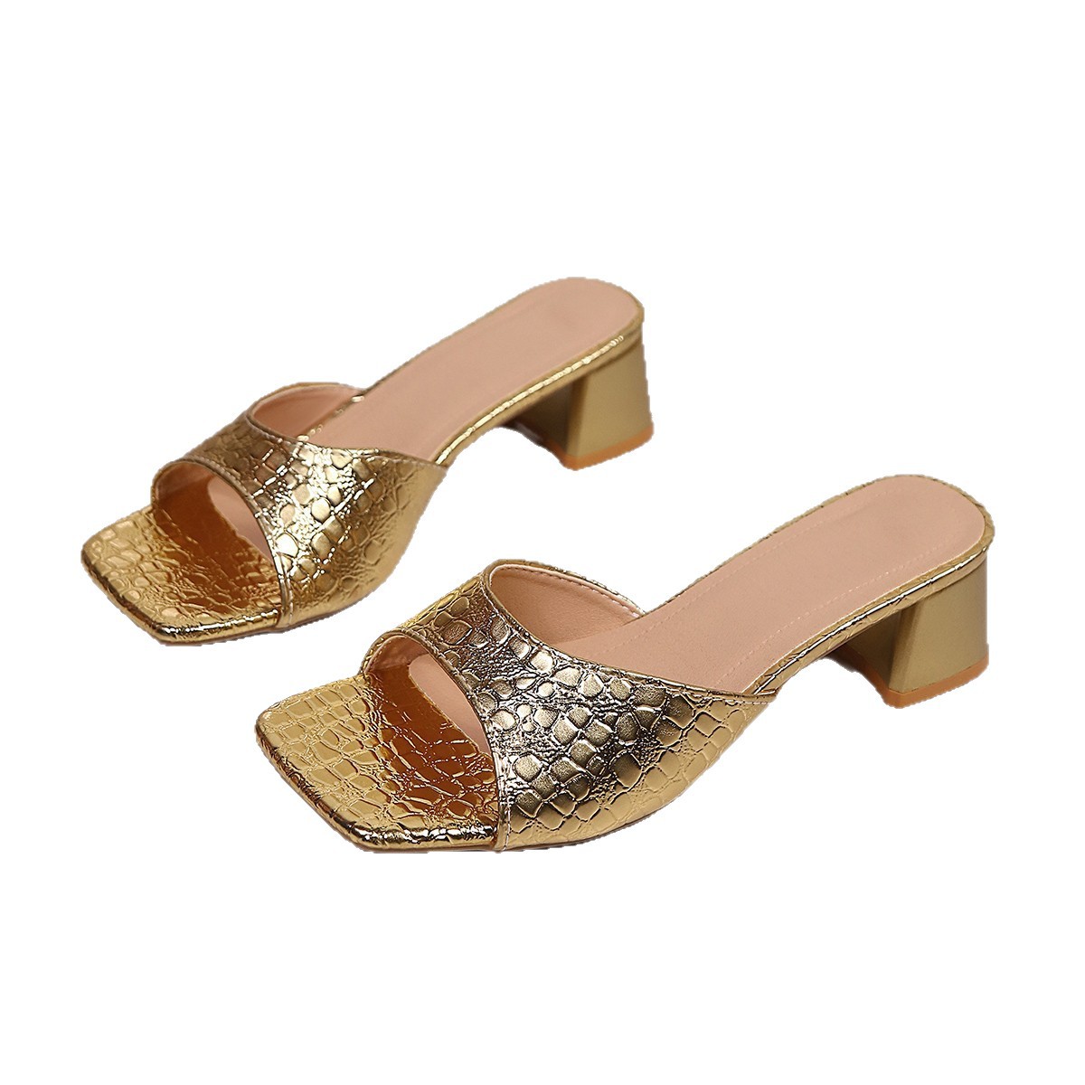 In the summer of 2025, new women's shoes: chunky high heels, fashionable outerwear, fish-mouth slippers, stone pattern, large-sized slippers for women Item Picture