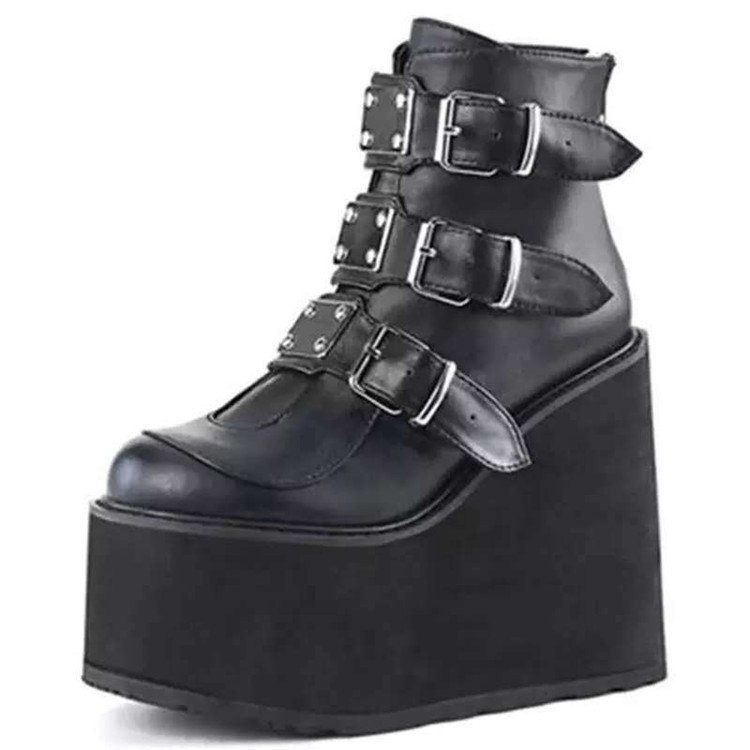 New 2020 Amazon foreign trade large-sized high-heeled matte boots, women's boots with belt buckle and wedge heels details Picture