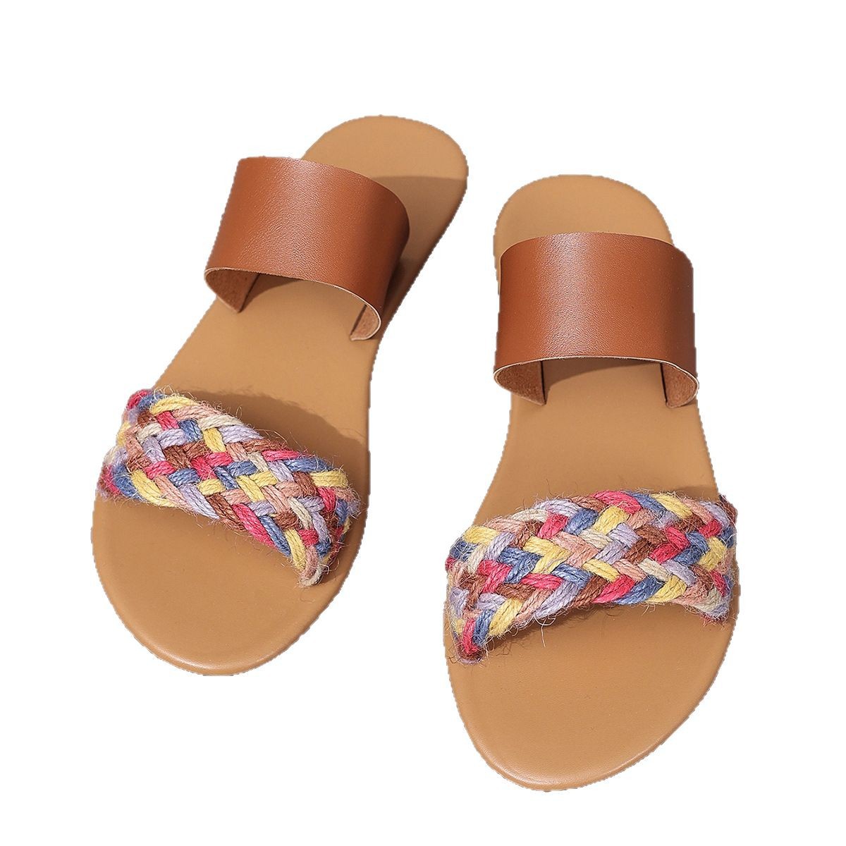 "25 New style of large-sized women's shoes for foreign trade, one-piece woven slippers, comfortable and versatile, color-blocked flat slippers, cross-border women's wholesale. Item Picture