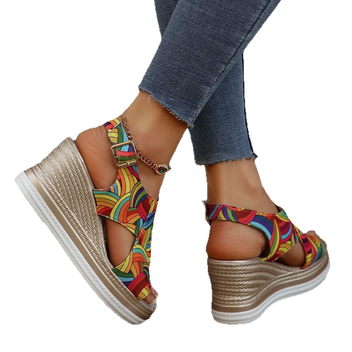 European and American large-sized colorful patterned fish-mouth wedge heel sandals for women, 2025 new style, thick-soled, lightweight buckle sandals Item Picture