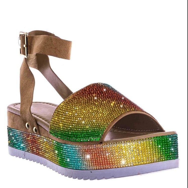 European and American large-sized 2021 summer new water diamond one-shoulder buckle cake women's shoes, fashionable thick-soled sandals for women Specification drawing