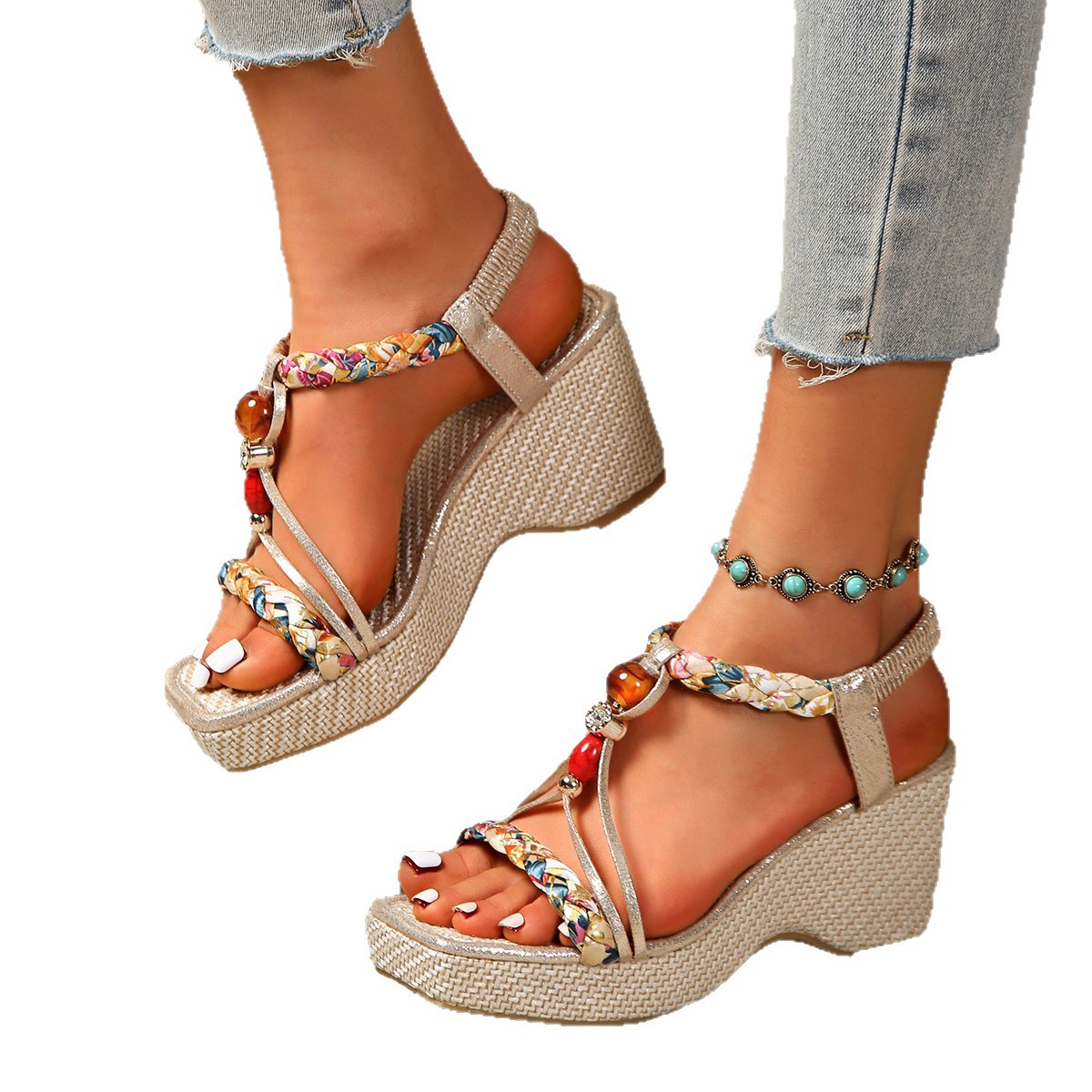 Summer beaded wedge heel sandals Cross-border 2025 new style export cake Bohemian Roman sandals women's woven Item Picture