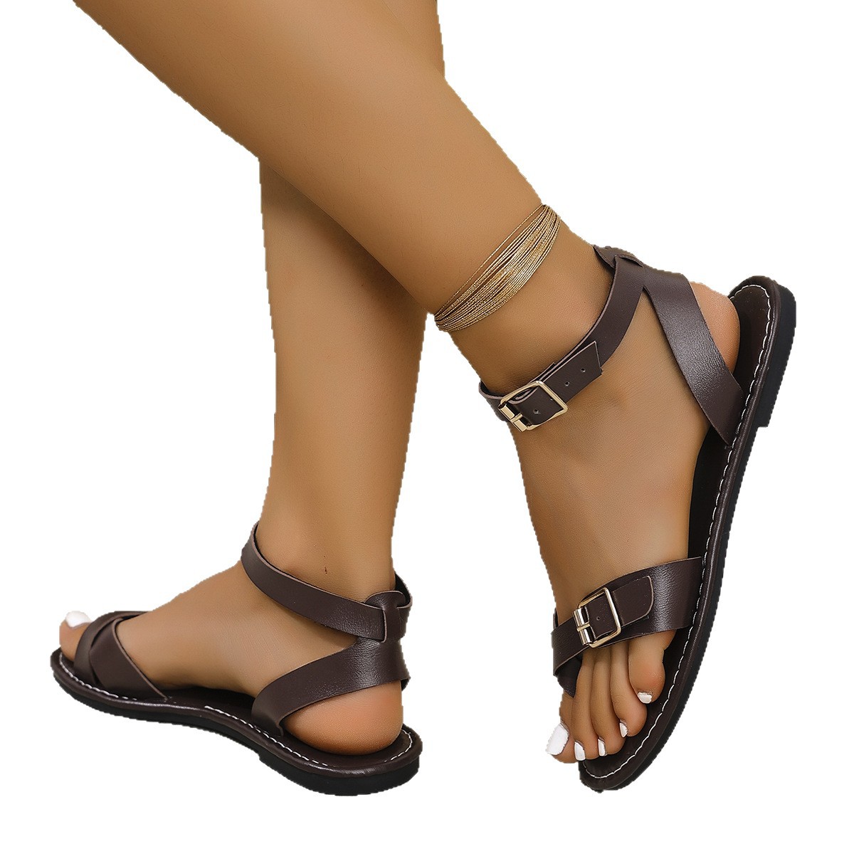 Summer 2025 new Korean-style versatile toe-toe sandals with fashionable belt buckle decoration, flat sandals, large size 43 Item Picture