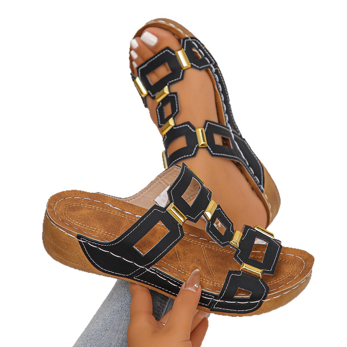 Cross-border trade large-sized solid-color slippers for women, 2025 new style fish-mouth thick-soled belt buckle one-line flip-flops Item Picture