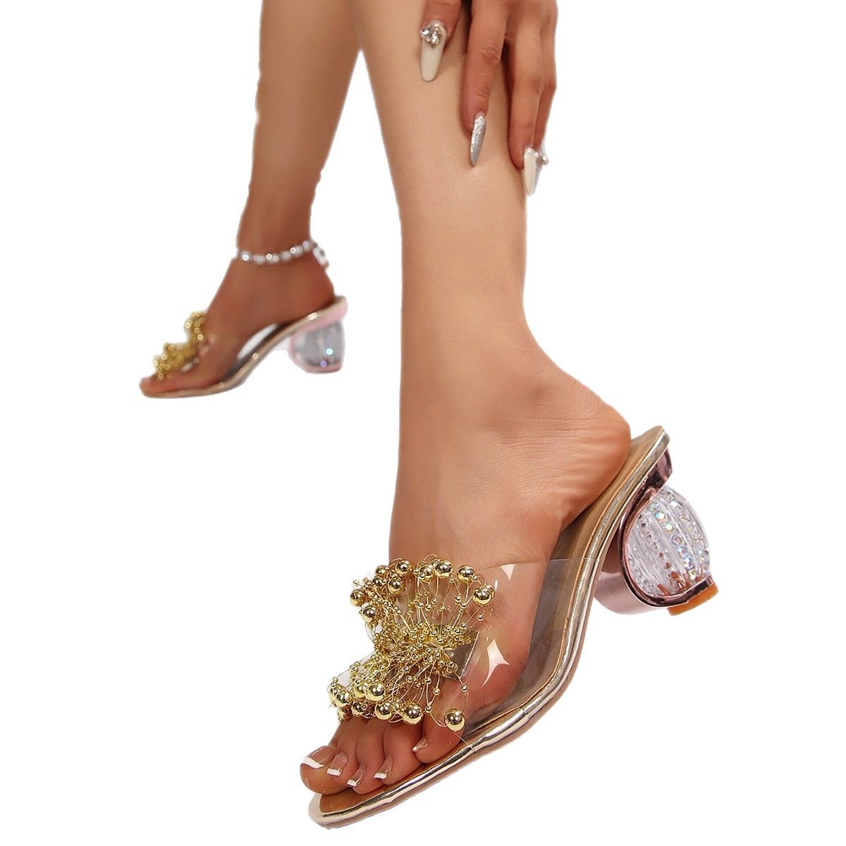 2025 New women's water diamond floral sandals, transparent thick-soled party fashion flip-flops and high heels Item Picture