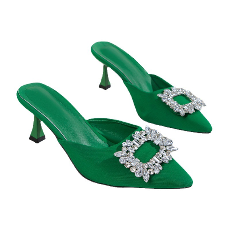 2022 New style water diamond square buckle flip-flops, rose red and black European and American pointed-toe thin-heeled flip-flops, women's high heels Item Picture
