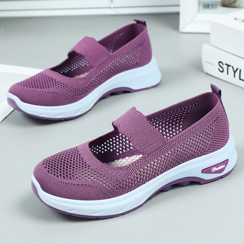 Women's summer shallow-mouthed fly-knit single shoes, breathable, one-foot flat shoes, shoes for middle-aged and elderly mothers, old Beijing cloth shoes details Picture