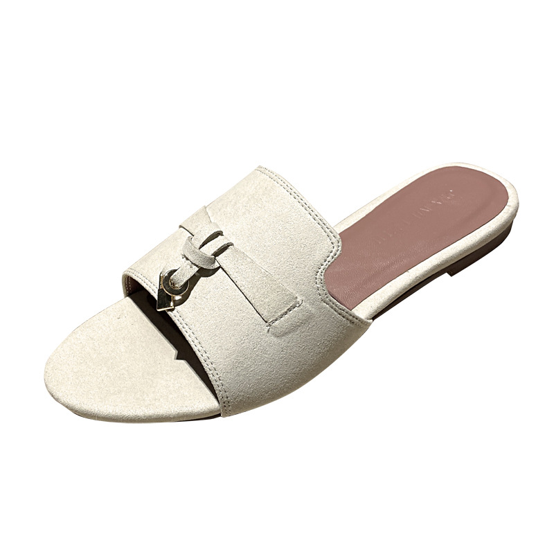 In 2023, LP flat-bottomed outerwear with cowhide suede, half-length flip-flops, retro lazy style, toe-exposed one-shoulder cool flip-flops, popular and comfortable large size Item Picture