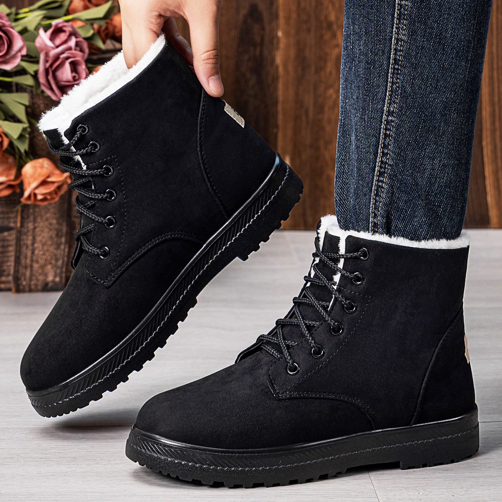 Women's snow boots, cold-proof and warm cotton shoes, fleece and thickened cotton boots, high-top Dr. Martens boots, cross-border large-sized women's boots Specification drawing