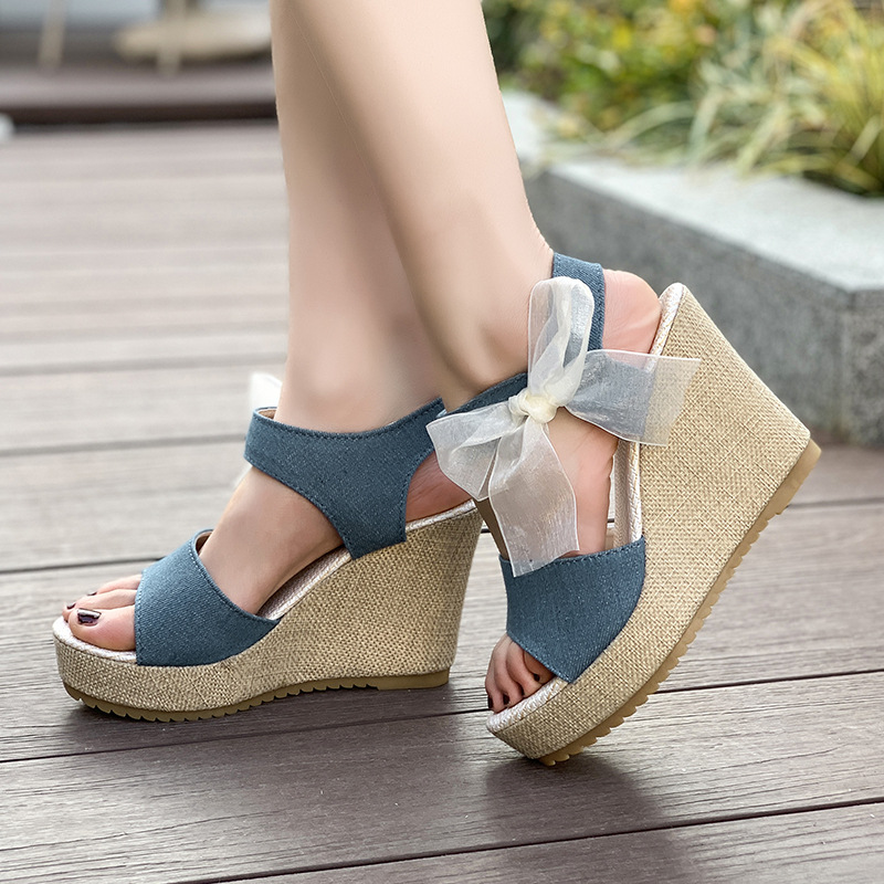 2024 Summer New style wedge heel muffin thick-soled sandals with exposed toes, thick heels and high heels, lace-up sandals for women