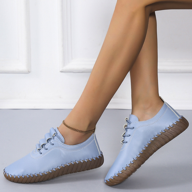 2021 Autumn new Korean-style student casual fashion single shoes, women's round-toed lace-up soft-soled bean shoes, flat shoes full figure