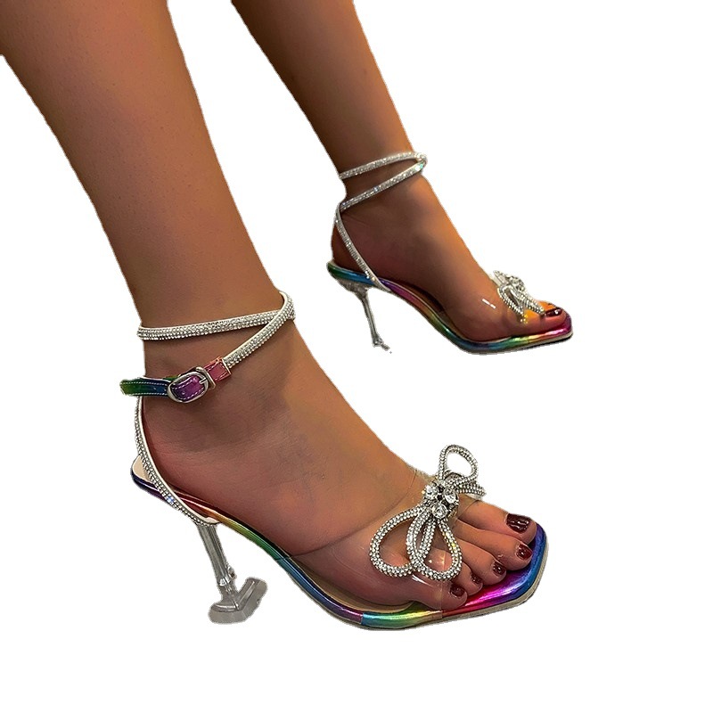 Cross-border large-sized high-heeled sandals for women 2021 Cross-border Fashion and sexiness square-toed rhinestone bow buckle sandals for women Item Picture