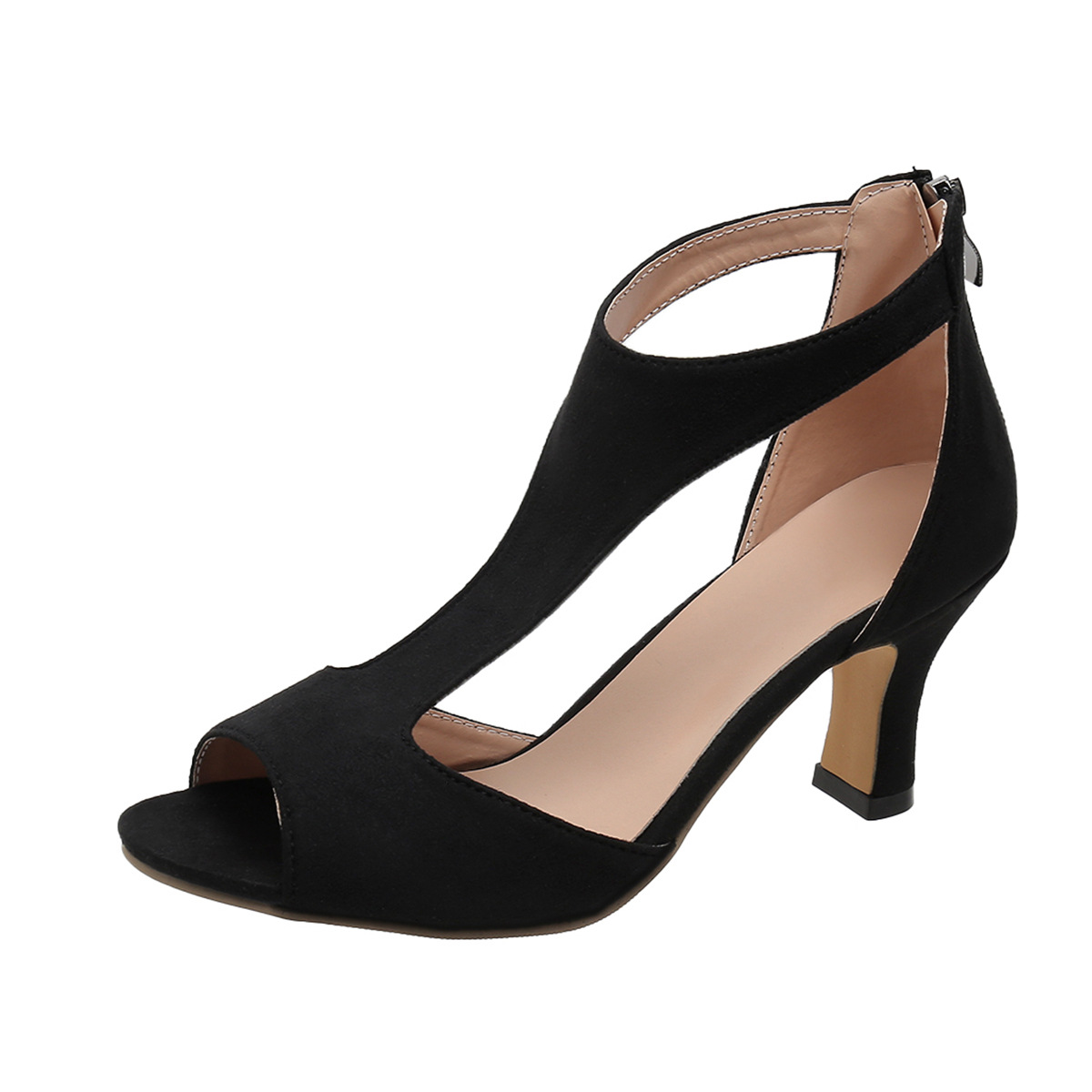 Wholesale of large-sized high heels for women, European and American fashion, back zipper bags and fish-mouth sandals for women, side-open Roman sandals Item Picture