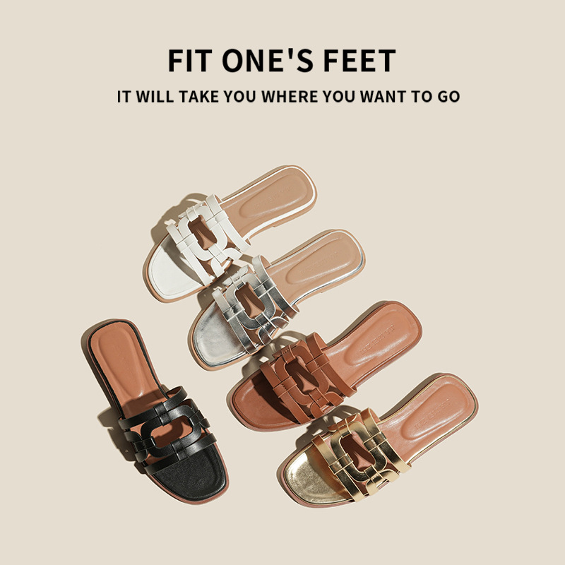 Upgraded version ~ Su Yinyin's same style French one-line casual beach flat breathable slippers for women to wear outside in summer full figure