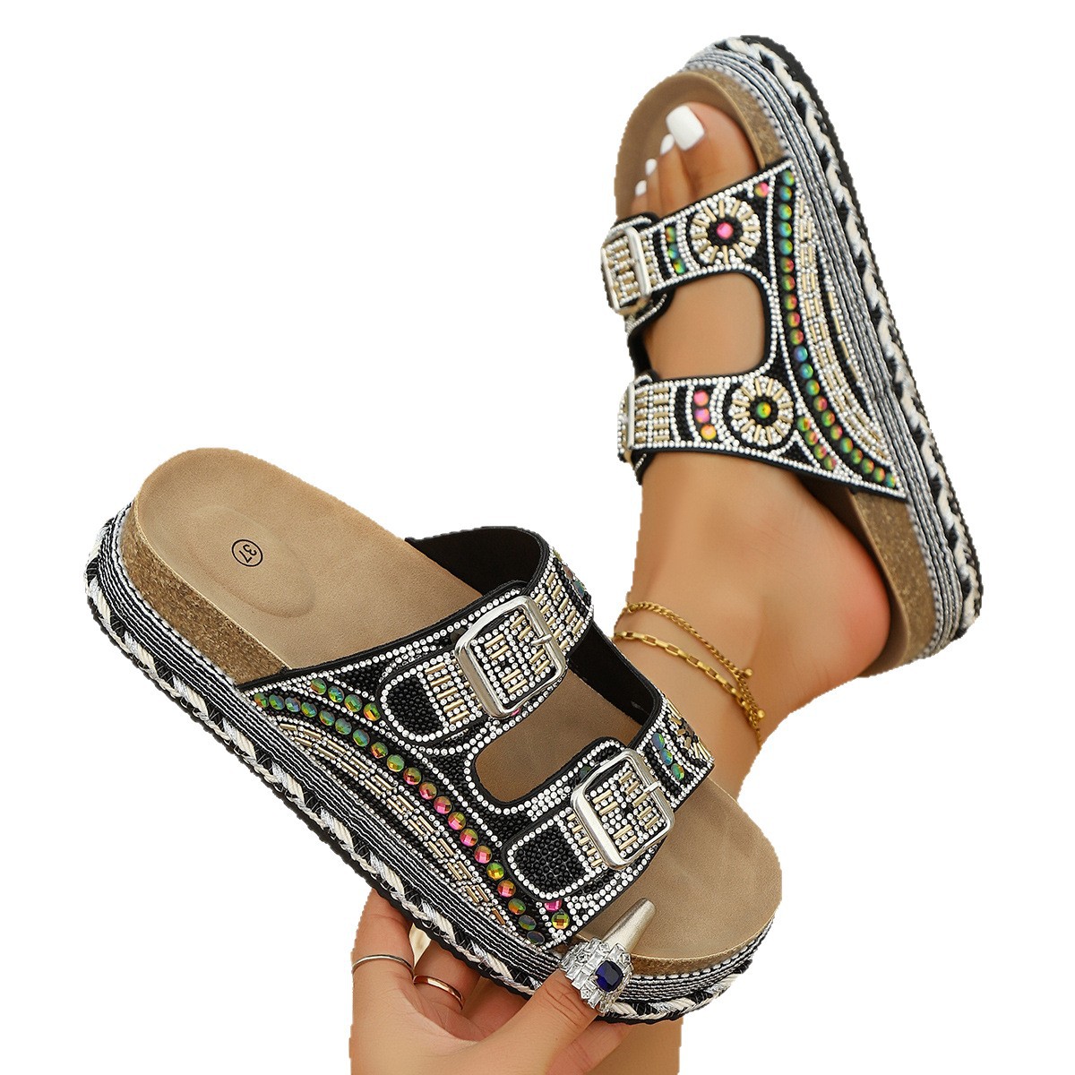 New thick-soled linen rope metal buckle water diamond cork beach slippers and plus-size women's shoes from the independent Instagram store for foreign trade Item Picture