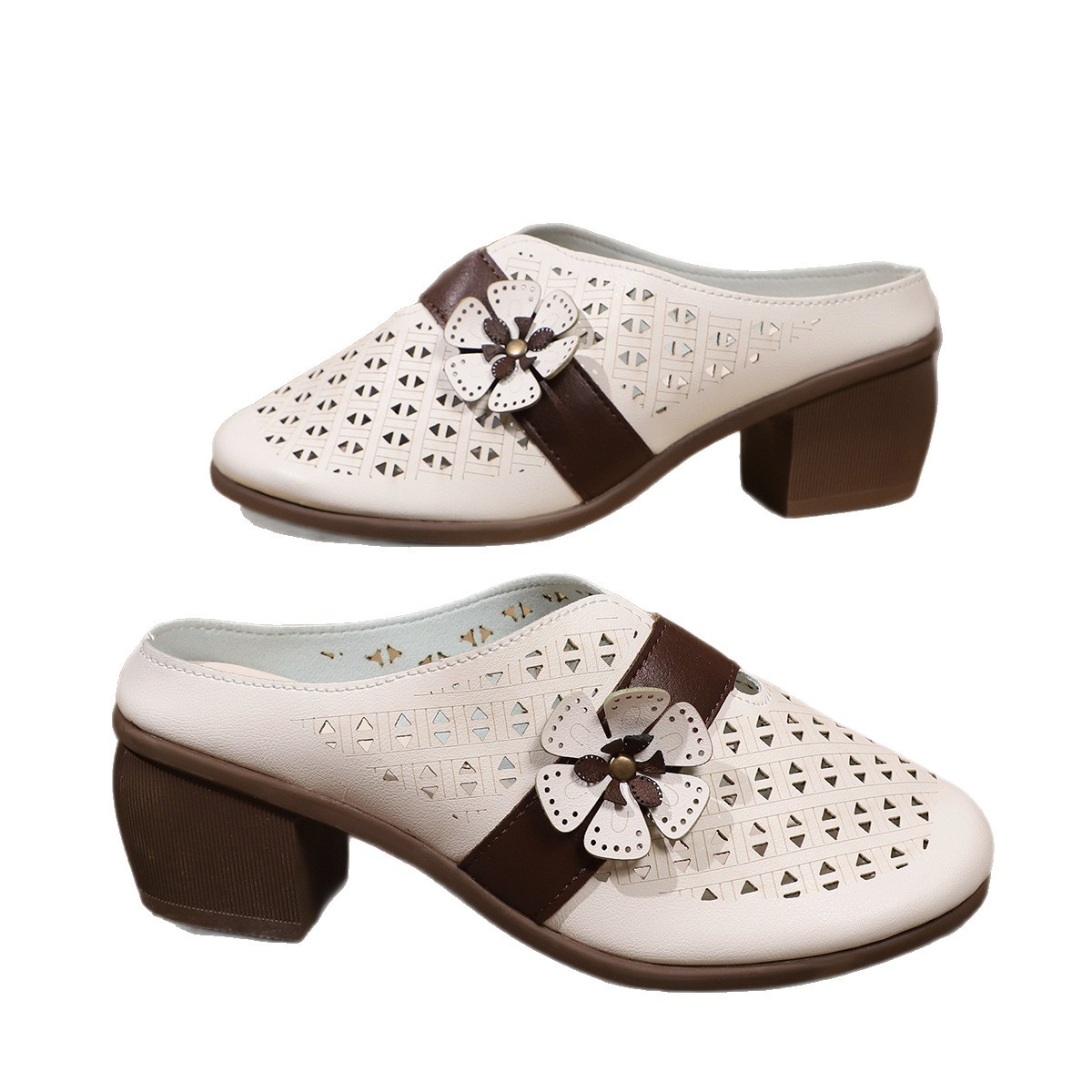 Korean summer new flower-shaped flip-flops, new mom sandals with hollowed-out ethnic style, thick heels and half flip-flops for women Item Picture