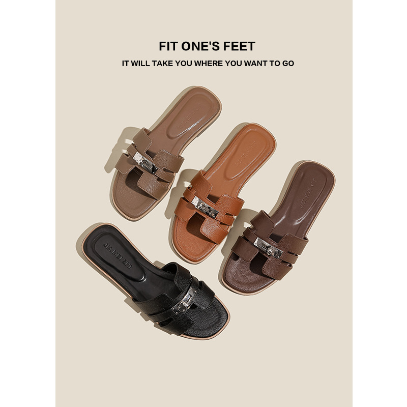 Solid color beach flat slippers for women, new summer 2025 square-toed metal buckle hollowed-out casual one-shoulder flip-flops full figure