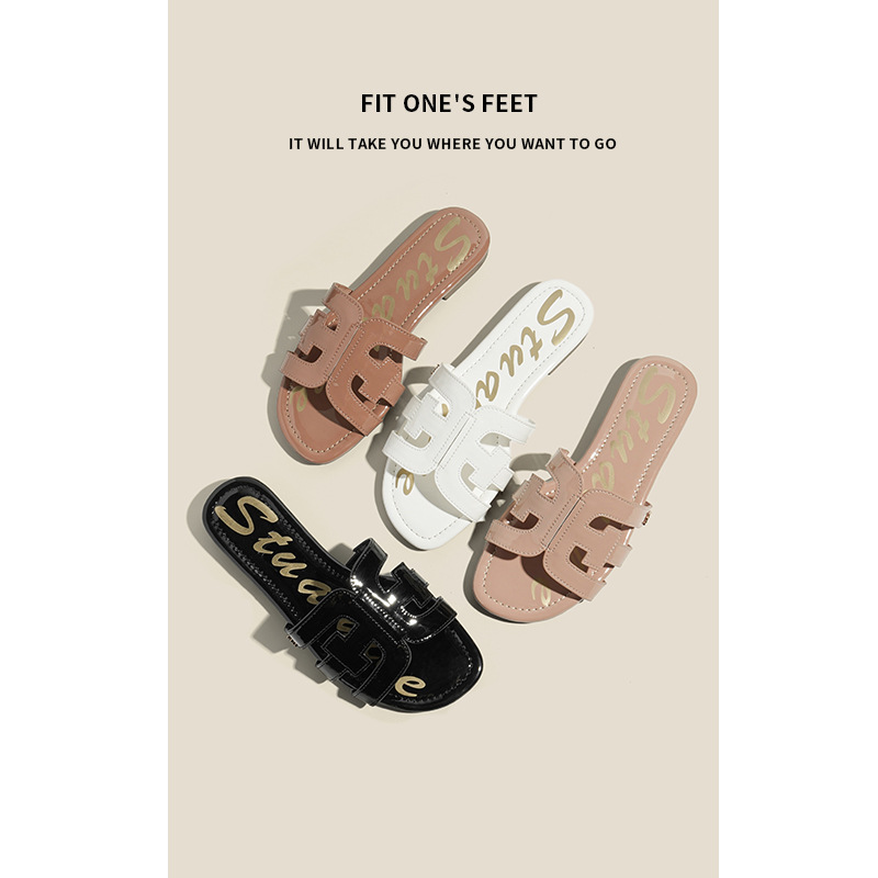 2025 New style of foreign trade shoes, popular slippers, women's outerwear flat, anti-slip, hollowed-out simple beach shoes, one-shoulder slippers details Picture