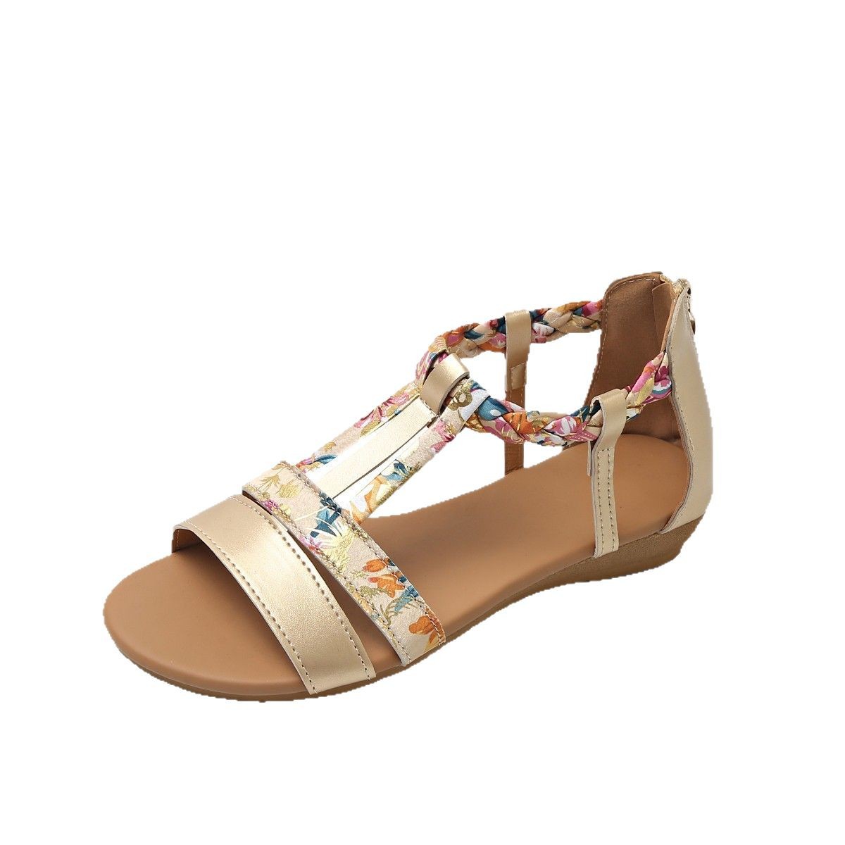 Summer's new fashionable fish-mouth flat back zipper casual large-sized Bohemian printed Roman sandals Item Picture