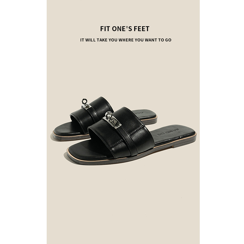 Golden lock buckle one-piece flip-flops for summer women 2025 new flat French cool slippers, half slippers breathable Specification drawing