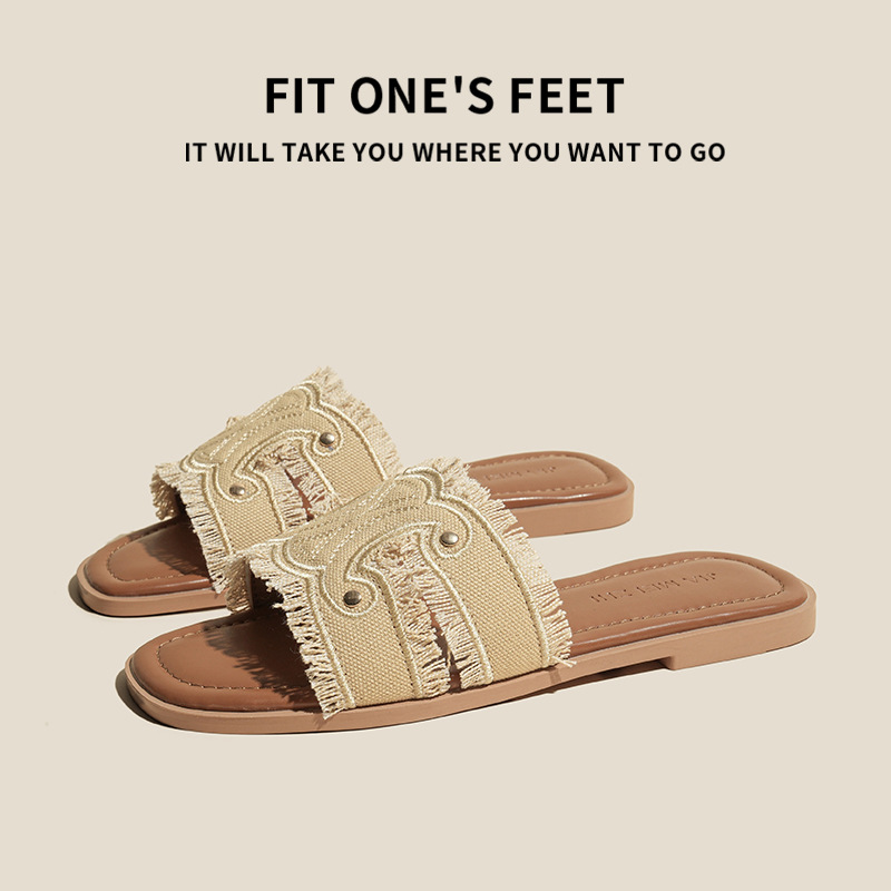 Sheepskin version ~2025 new genuine leather denim one-shoulder slippers for women's summer outerwear, flat half slippers, French flip-flops full figure