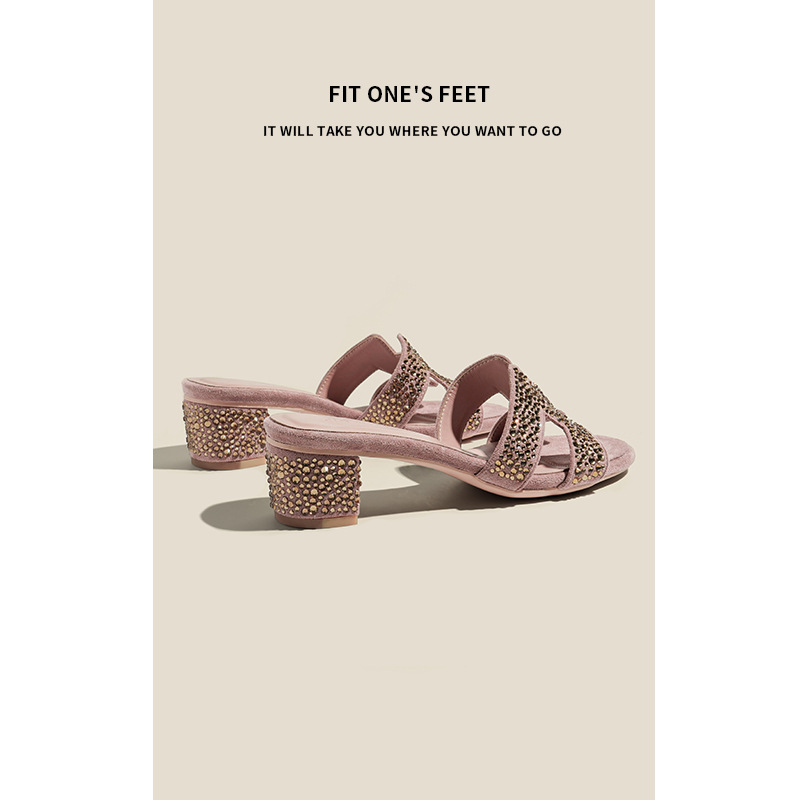 In 2025, the new style of popular one-shoulder slippers for foreign trade, high-heeled slippers for women, genuine leather outerwear, and beach cooling slippers details Picture