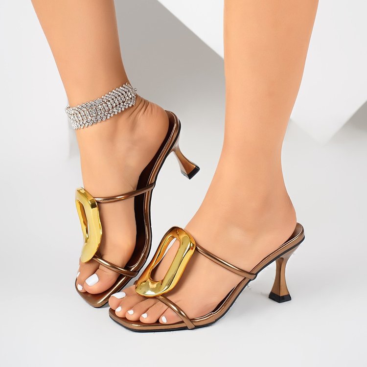 Women's summer summer metal square buckle one-piece slippers for cross-border trade, women's outerwear square-toed open-toe sandals full figure