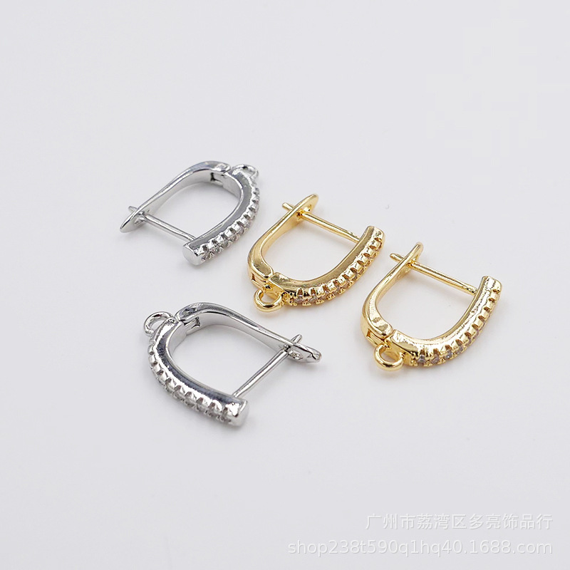 铜耳环电镀18K金色耳环U形镶锆石耳扣配件首饰批发产品图