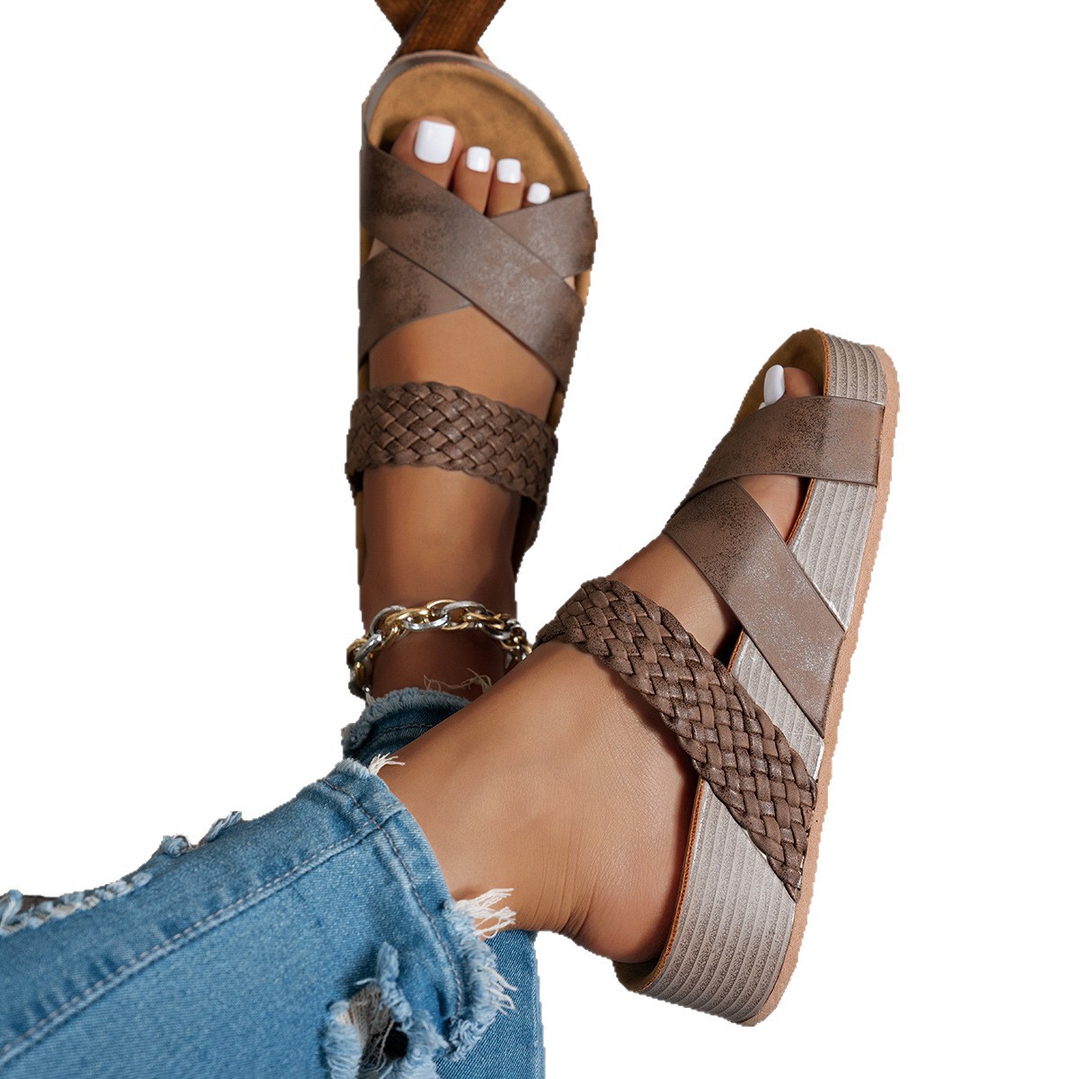 wish Cross-border's new large-sized casual flip-flops for women, flat-bottomed thick-soled one-line cross sandals for export Item Picture