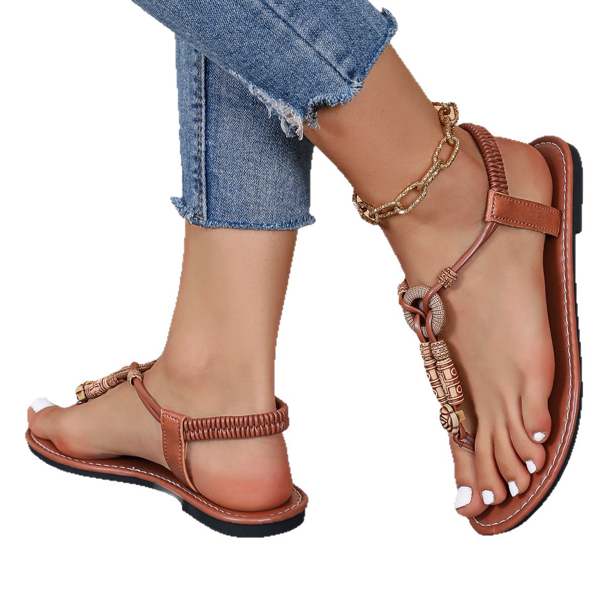 Round-toed, large-sized, cross-border, flat, beaded women's shoes, Bohemian style, comfortable women's shoes, summer size 43, flip-flops Item Picture