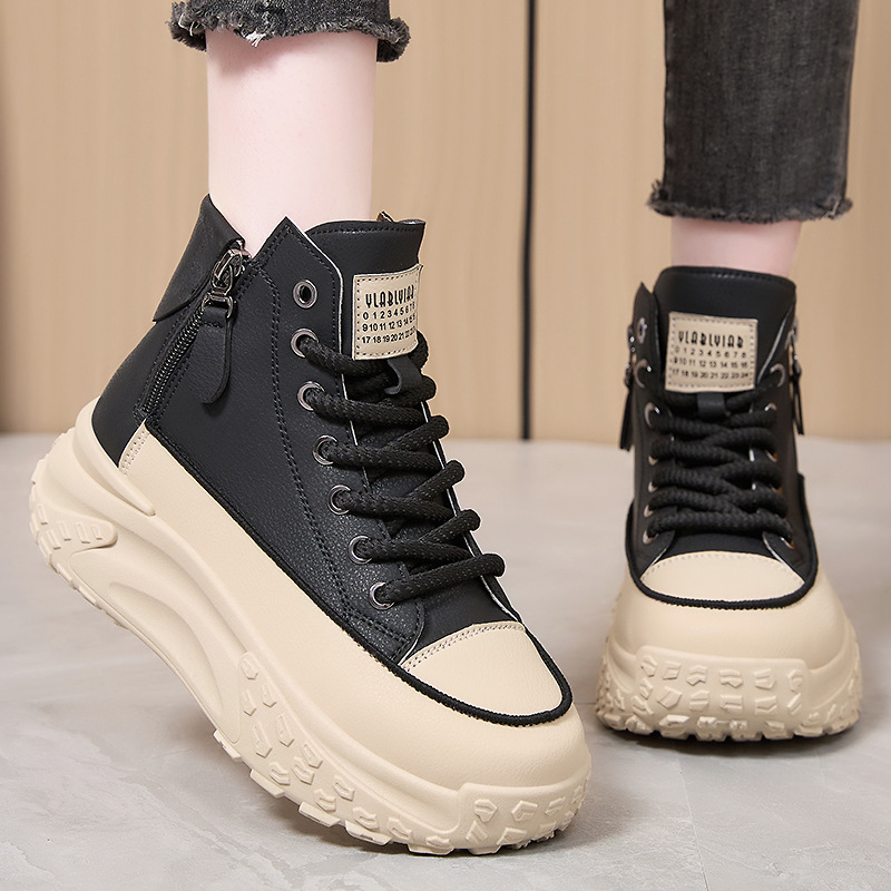 Women's casual shoes, large-sized versatile women's shoes, side zipper mid-calf shoes, comfortable and not tiring to the feet, single shoes, thick-soled height-increasing shoes Specification drawing