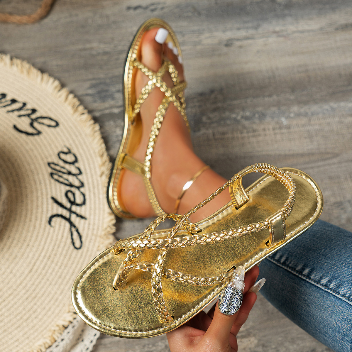 Cross-border Foreign Trade 2025 Summer Woven flip-toe new beach Light Women's Shoes Sandal Flip-toe round toe Flat slippers Specification drawing