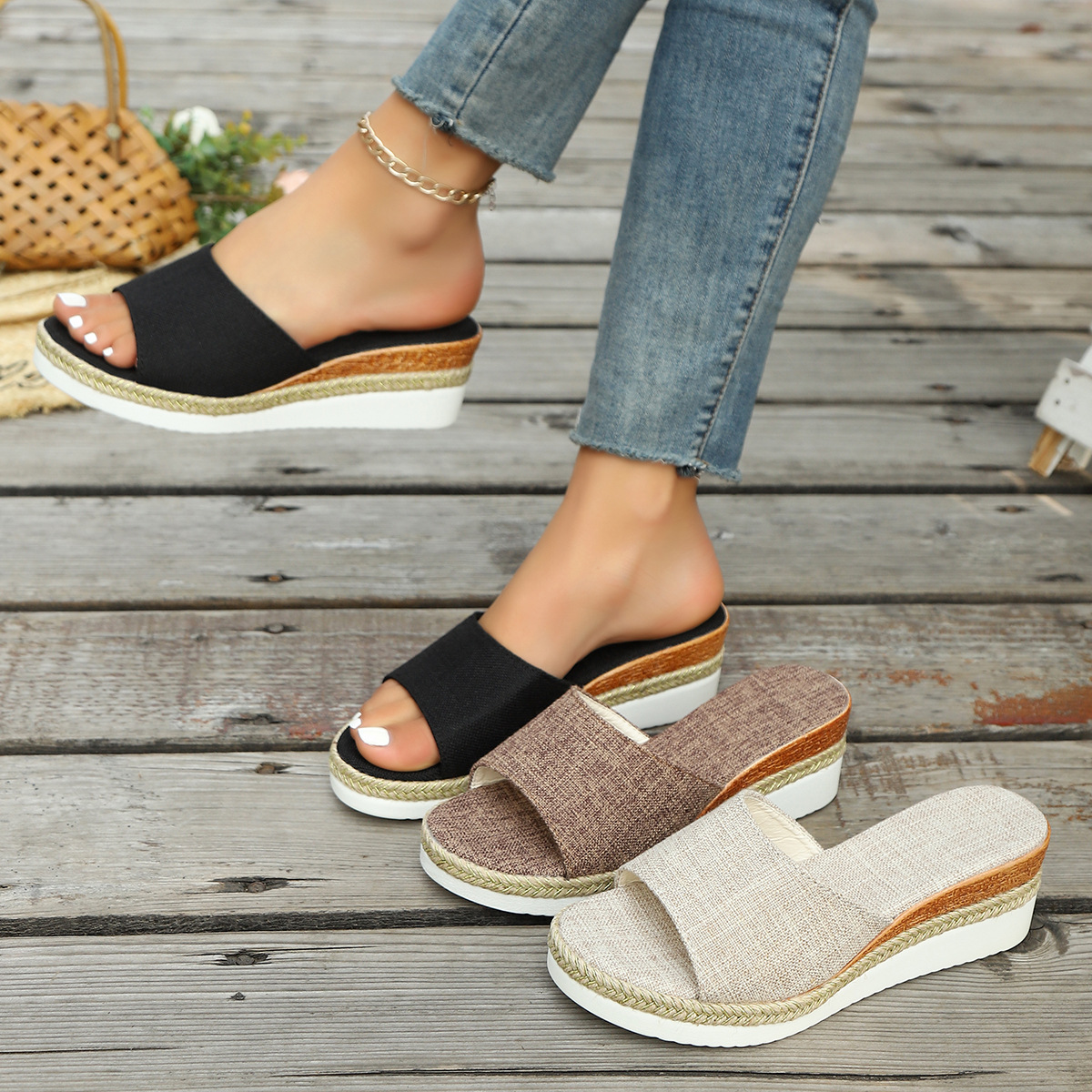 New style of large size for foreign trade in 2025, featuring sponge cake and open-toe flip-flops, European and American fabric one-shoulder and thick-soled women's shoes with hemp rope details Picture