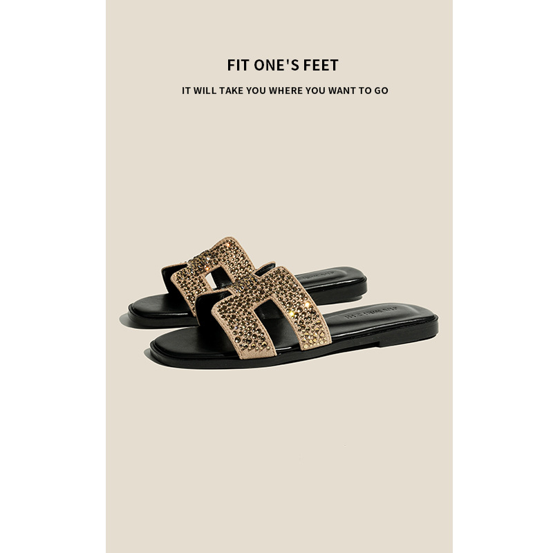 The 2025 new style of women's summer fashionable outdoor flat heel one-shoulder water-diamond cool slippers Specification drawing