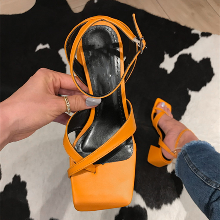 Cross-border women's shoes 2021 Summer new square-toed high-heeled sandals, European and American sexy sandals, plus-size women's shoes in stock full figure