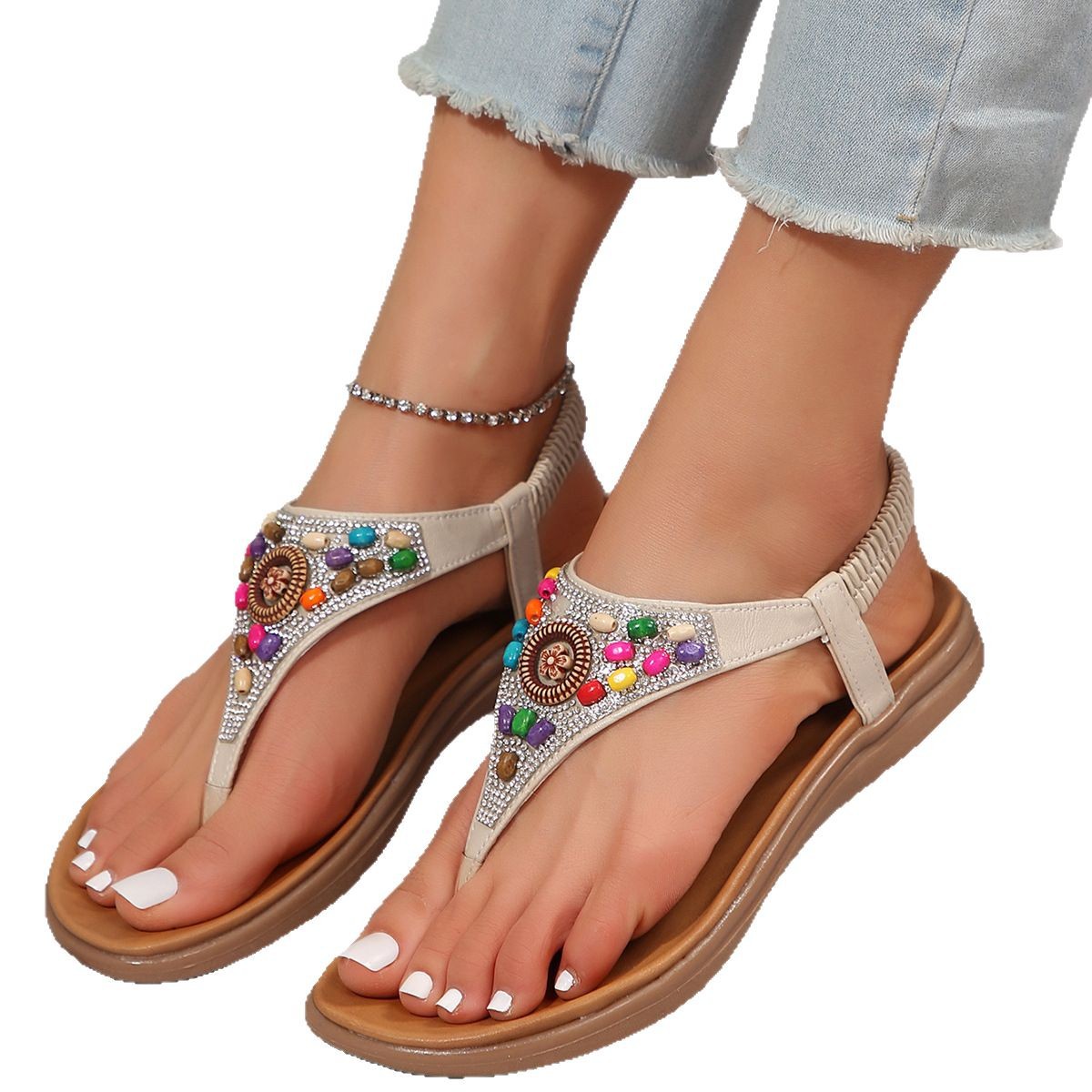 Wholesale of new Korean style beaded comfortable flat stretchable flip-flops for women in summer 2025 Item Picture