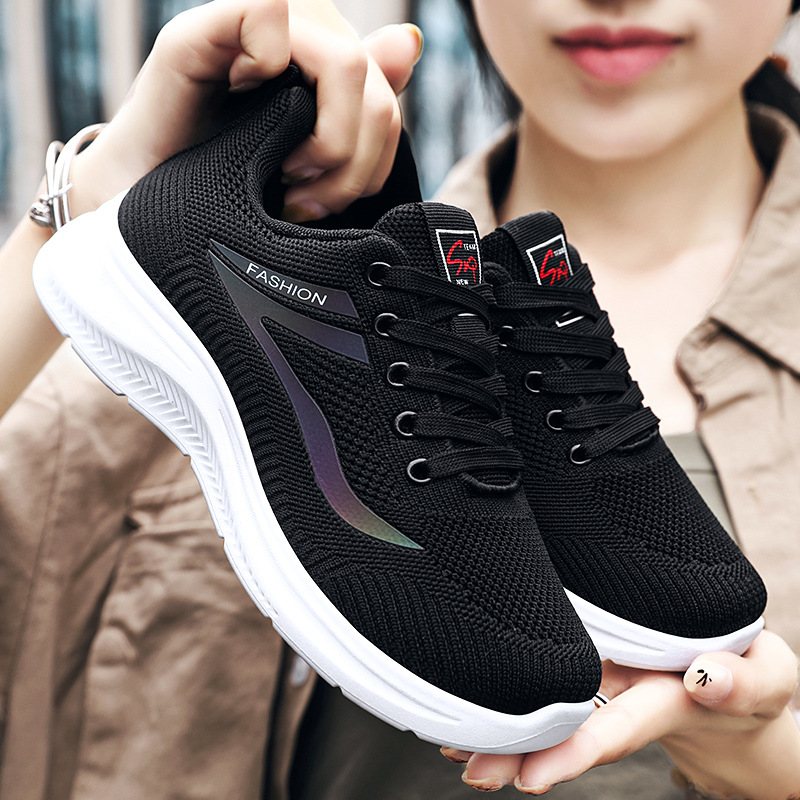 Women's shoes, versatile mom shoes, cross-border shoes, casual shoes, foreign trade sports shoes, solid-color flying woven breathable mesh shoes details Picture