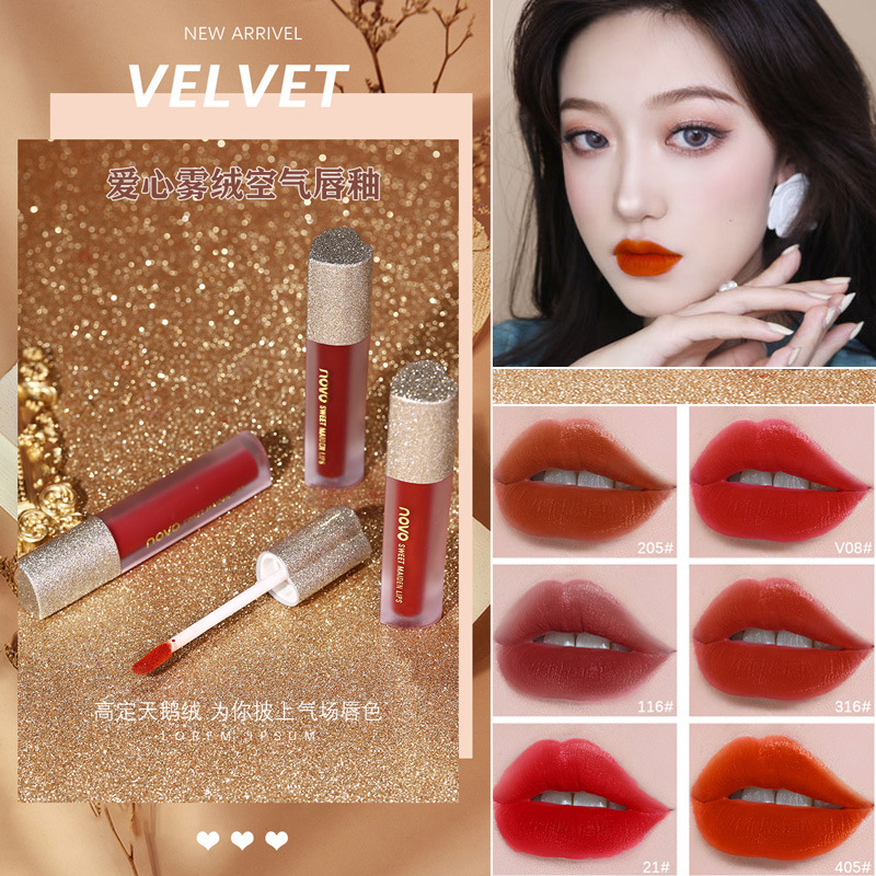 NOVO5351 Soft matte texture heart-shaped misty velvet air lip gloss, long-lasting makeup, color display, non-stick cup lip mud wholesale full figure