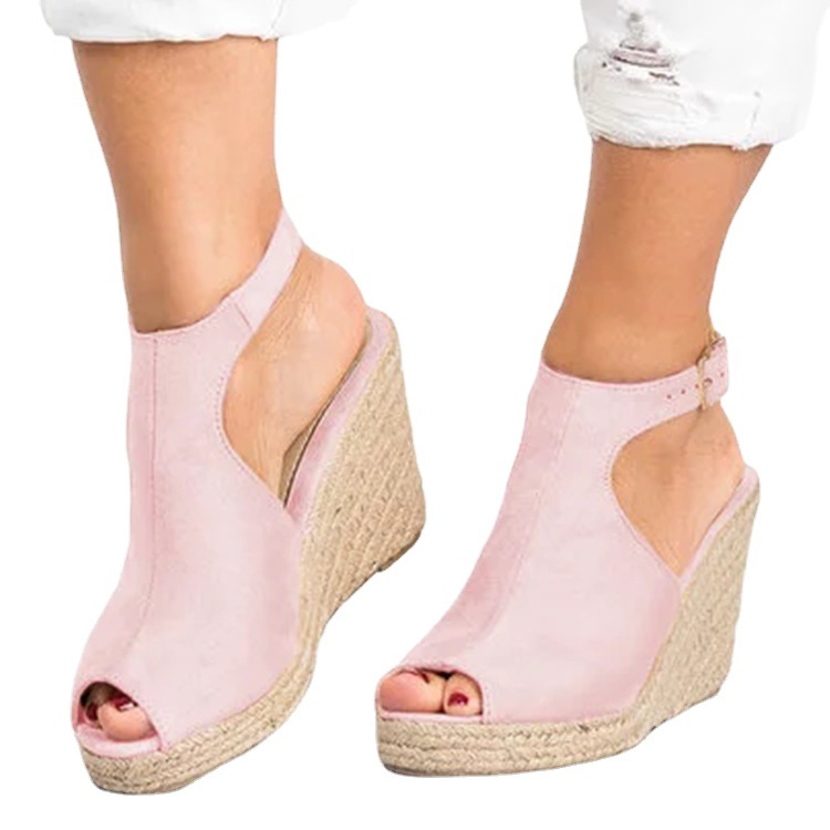 Cross-border trade large-sized women's sandals, thick-soled wedge heel fish-mouth sandals, women's one-shoulder buckle with suede, fashionable and casual sandals Item Picture