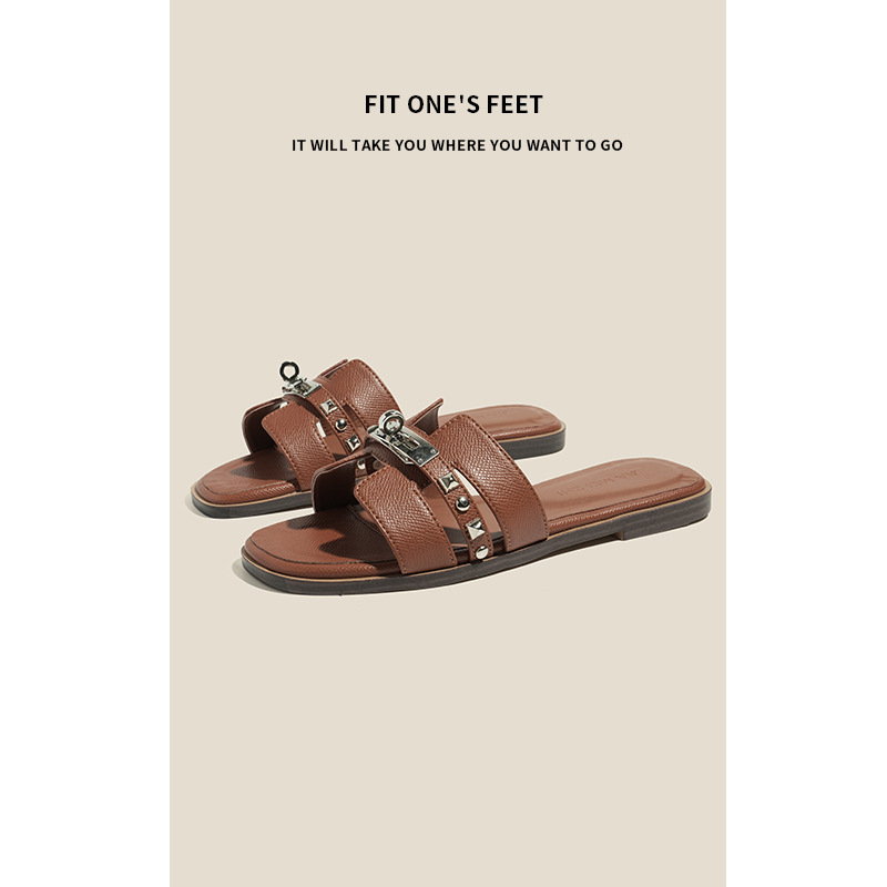 High-end small gold buckle one-piece flip-flops for women, summer outerwear beach shoes, fashionable square-toed flat sandals for women Specification drawing