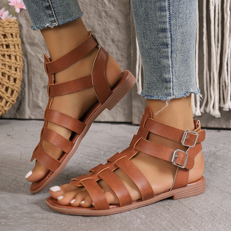 New Summer 2024 simple and casual Roman sandals with toe-exposed buckle flat sandals for women, 42-43 Application Scenario