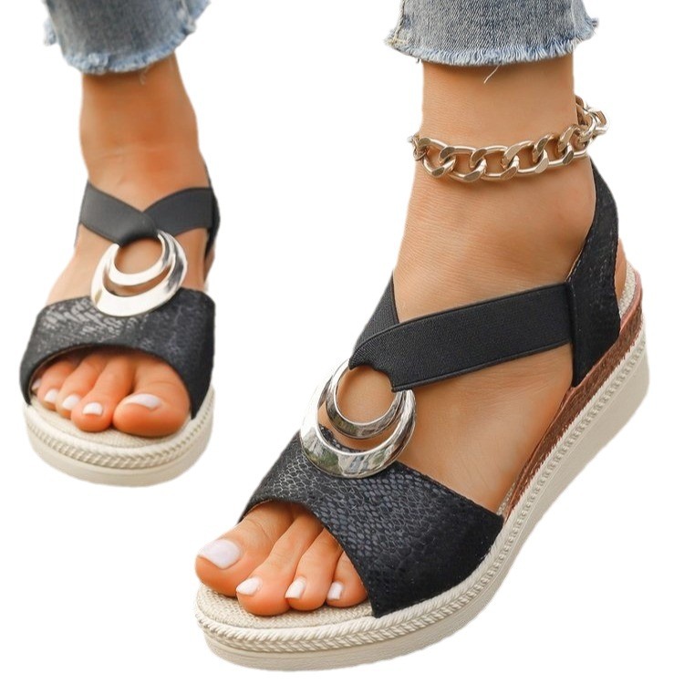 Cross-border trade large-sized women's shoes 2021 new style European and American fashion metal buckle open-toe elastic thick-soled sandals in stock Item Picture