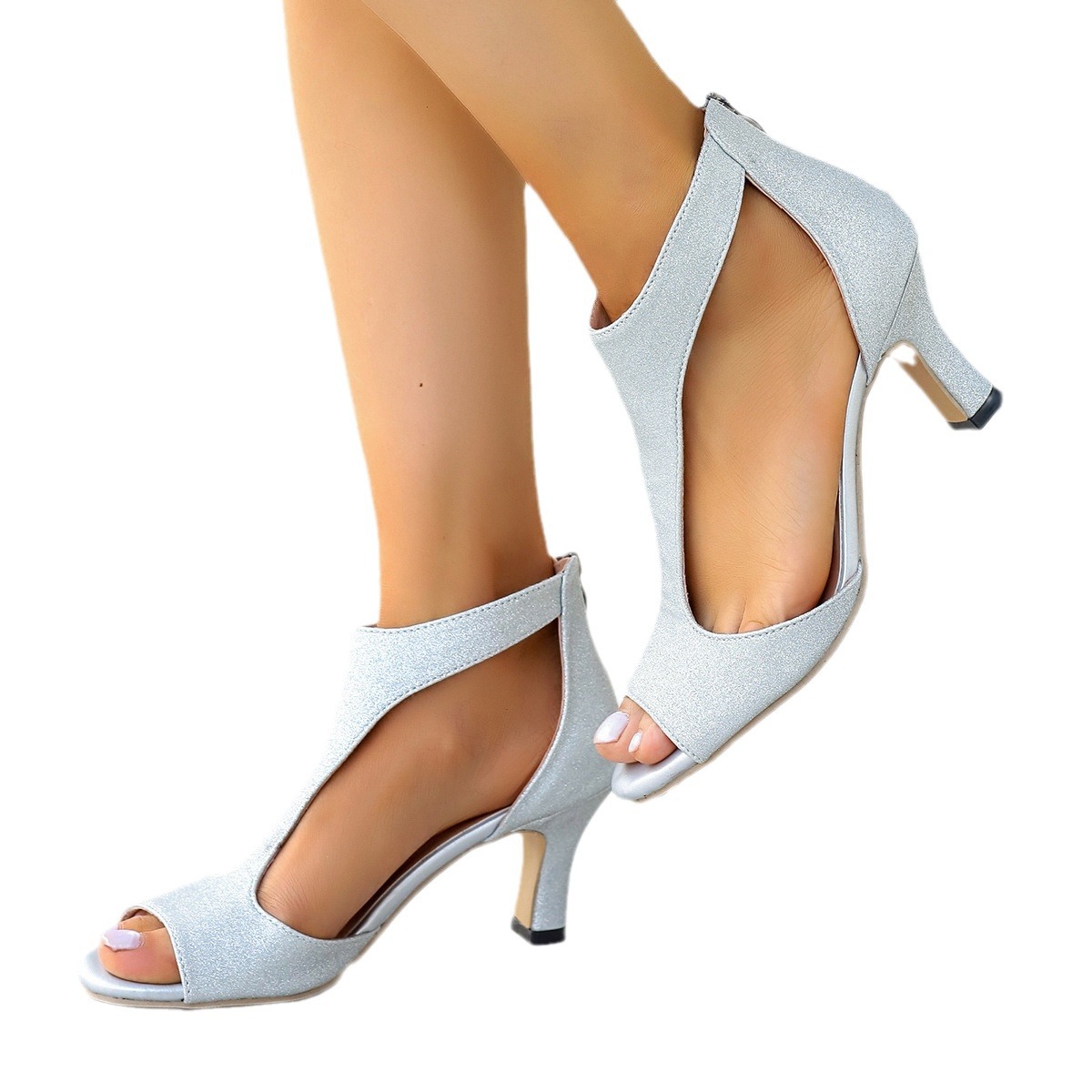 European and American simple and fashionable back zipper bags and fish-mouth shoes for women's summer export, large-sized side space thin-heeled Roman sandals wholesale Item Picture