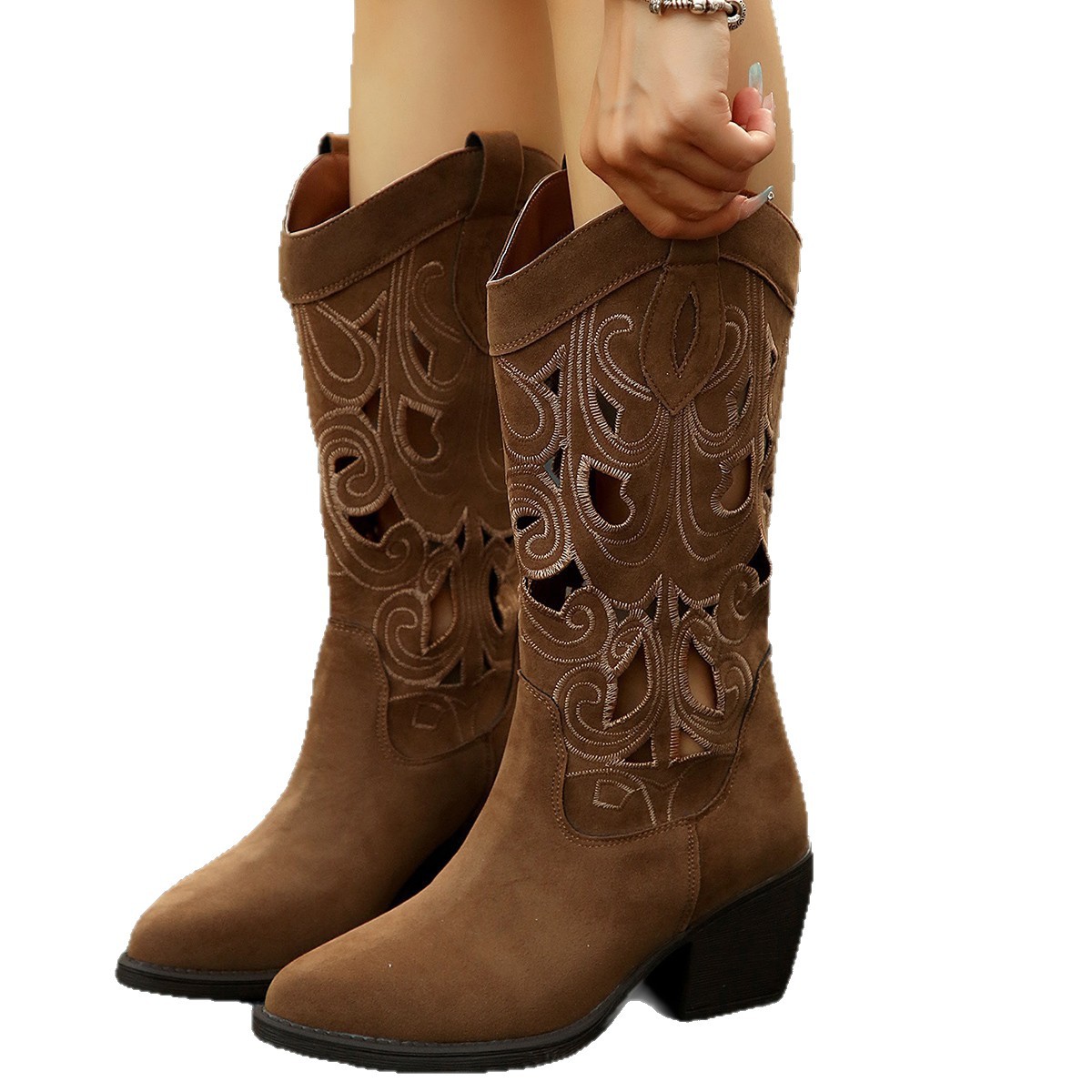 Brown retro western cowboy boots for women, 2025 new style hollowed-out mid-calf boots, embroidered knight boots thick Item Picture