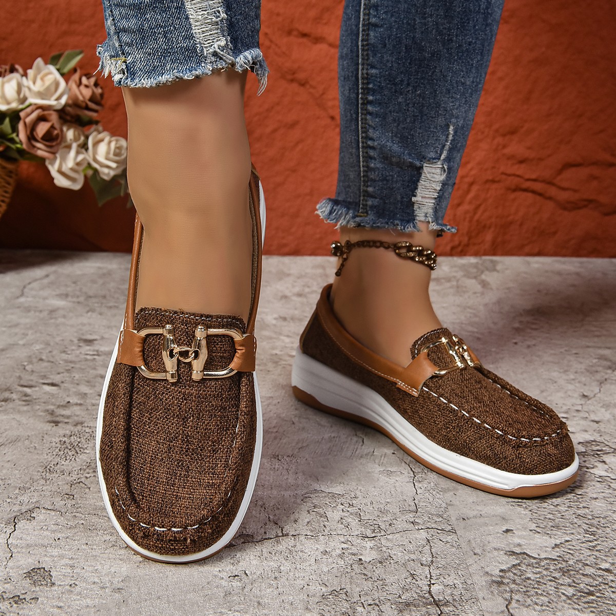 Women's casual single shoes for spring and autumn 2024, large-sized European and American export shoes, round-toed flat, one-foot Lofu shoes Specification drawing