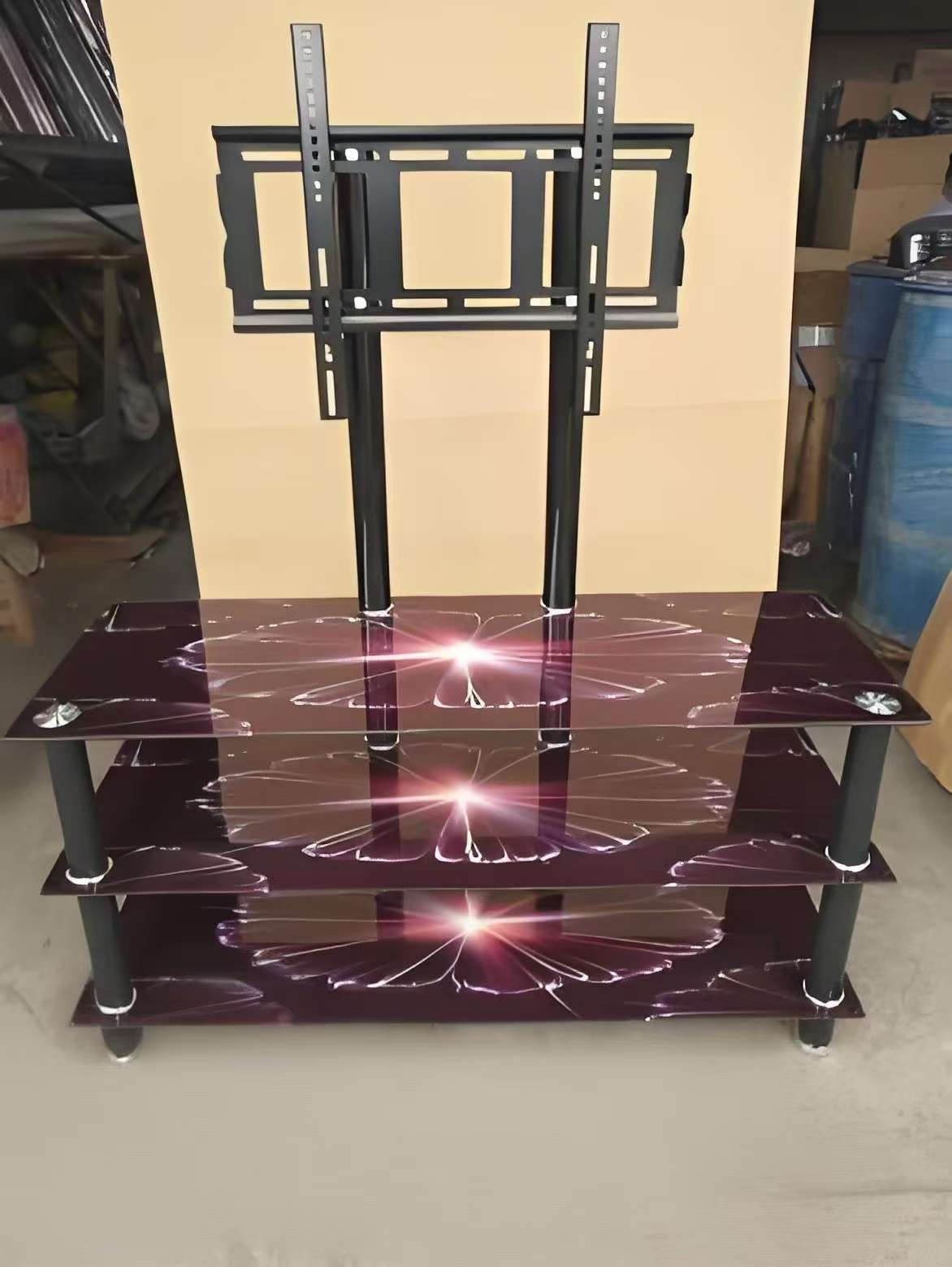 GlassTVstand钢化玻璃电视柜带挂架可移动显示器支架落地式电视机 白底实物图