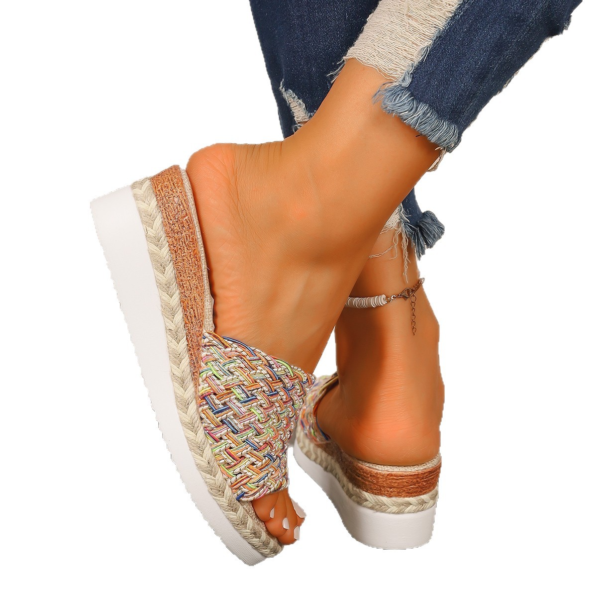 The new summer 2025 European and American fashion versatile wide-band colorful hemp rope slippers are lightweight and can be worn on the outside as fish-mouth slippers Item Picture