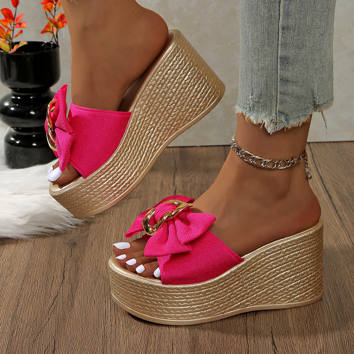 heels women's sandals 2025 Summer new export large-sized flip-flops, European and American round-toe bow high-heeled slippers for women Specification drawing